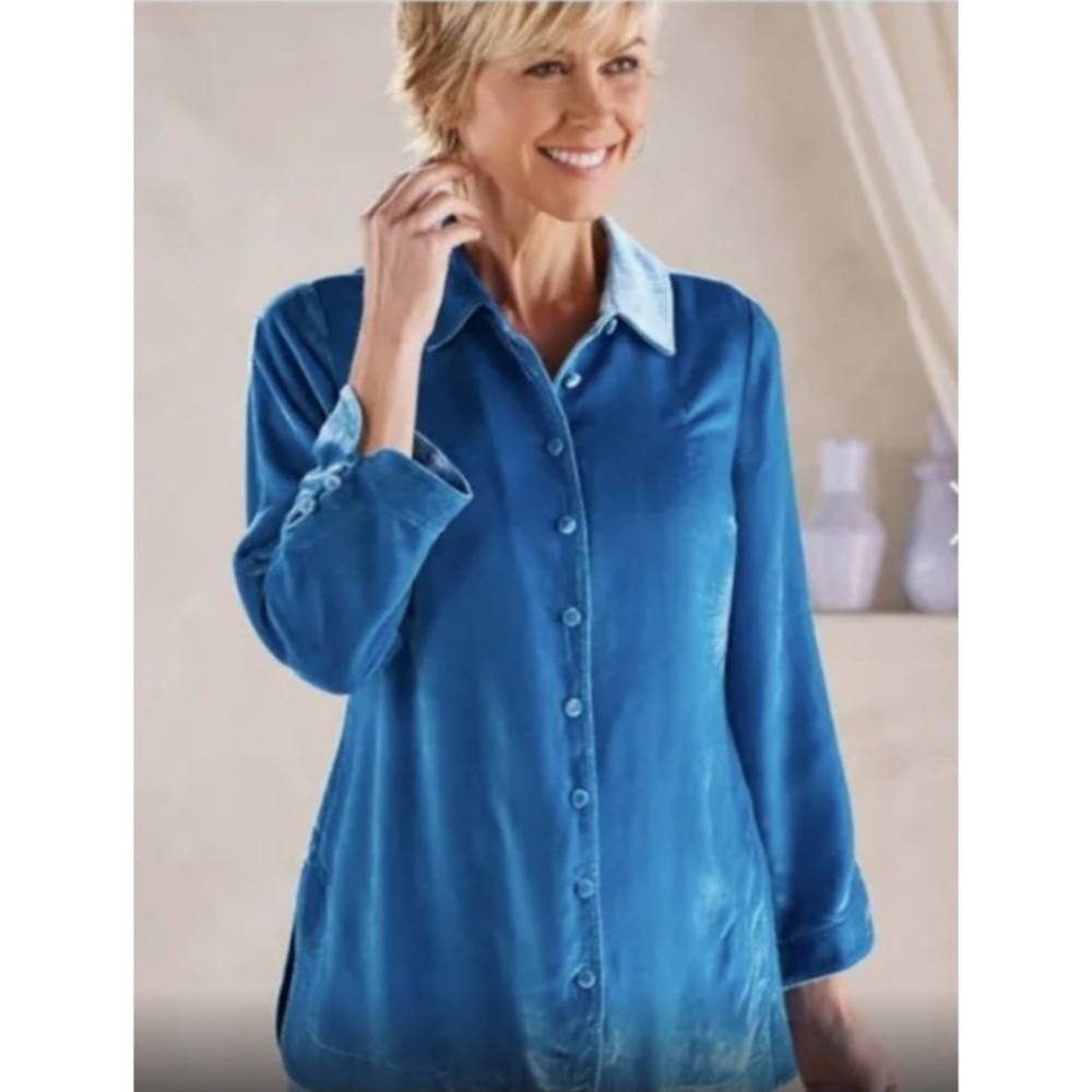 Soft Surroundings Royal Blue Velvet Long Tunic Button Front Blouse Size Large